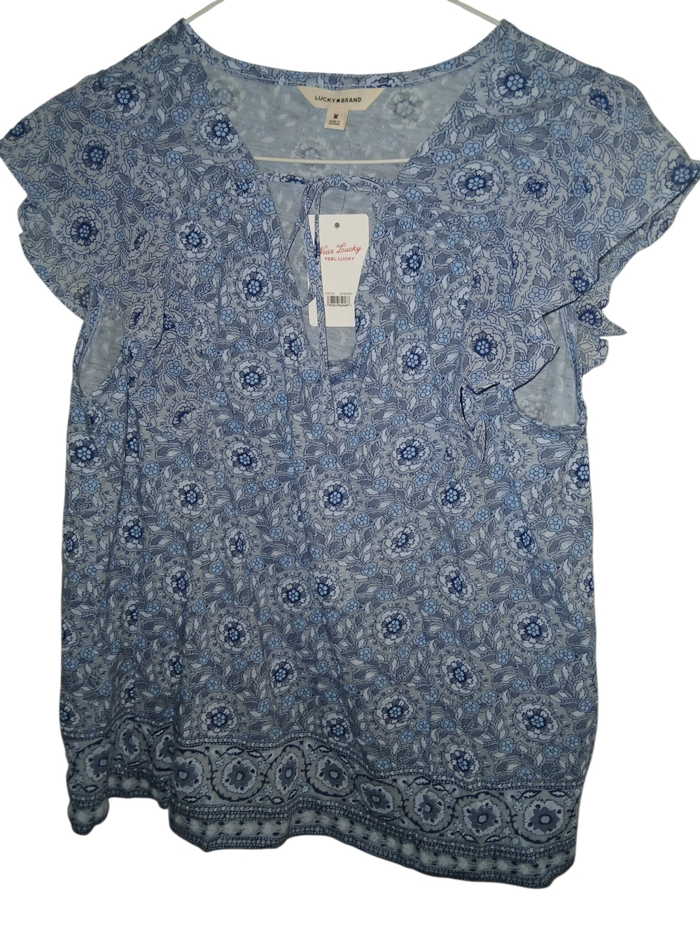 Lucky Brand Light Blue Floral Tie-Neck Flutter Sleeve Blouse